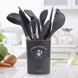 Silicone Cooking Utensils 12 Pcs Kitchen Tools with Natural Wooden Handles